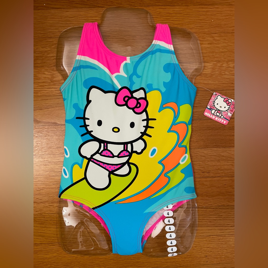 Nwt Hello Kitty Turquoise Rainbow One-Piece Swimsuit With Pink Accents Girl 4